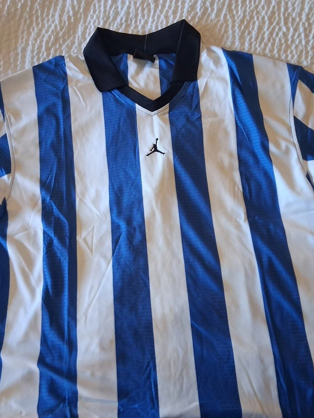Jordan Blue & White Striped Soccer Top with Black Collar